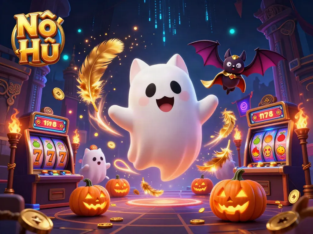 Spin the reels and win big with Nổ Hũ in this vibrant haunted casino scene featuring playful characters.