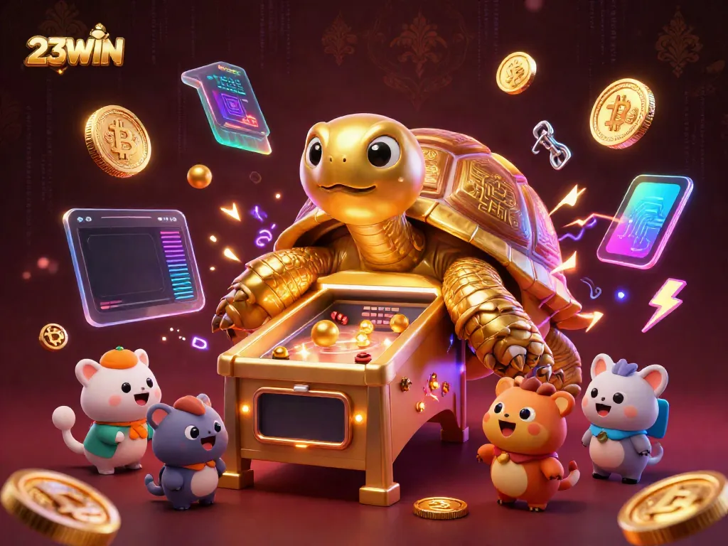 Experience 23WIN with exciting gameplay featuring a golden tortoise pinball machine and vibrant crypto elements.