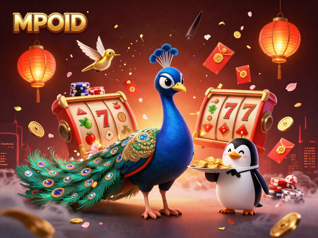 Engage with MPOID's vibrant casino experience through spinning slots and interactive characters.