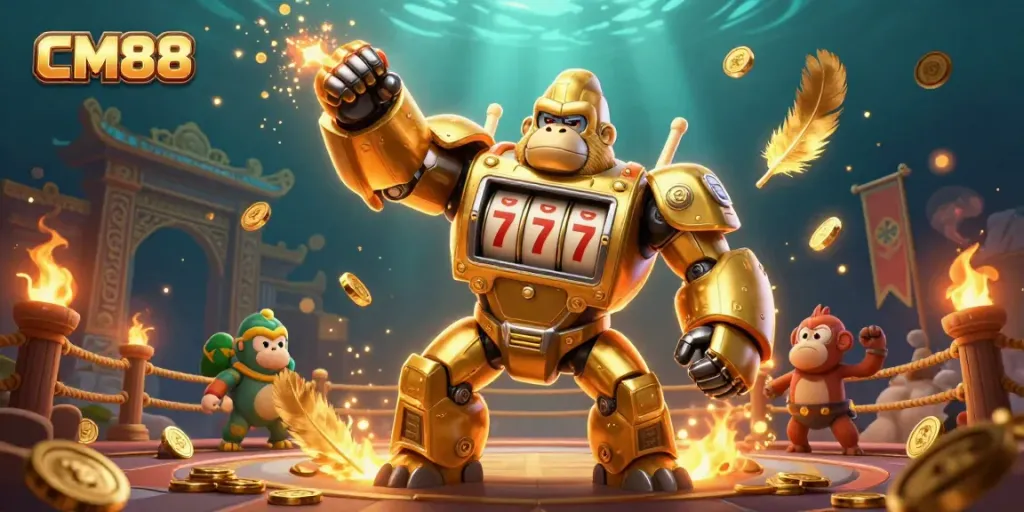 Experience thrilling gameplay at CM88 with a dynamic scene featuring a golden gorilla mech and casino elements.
