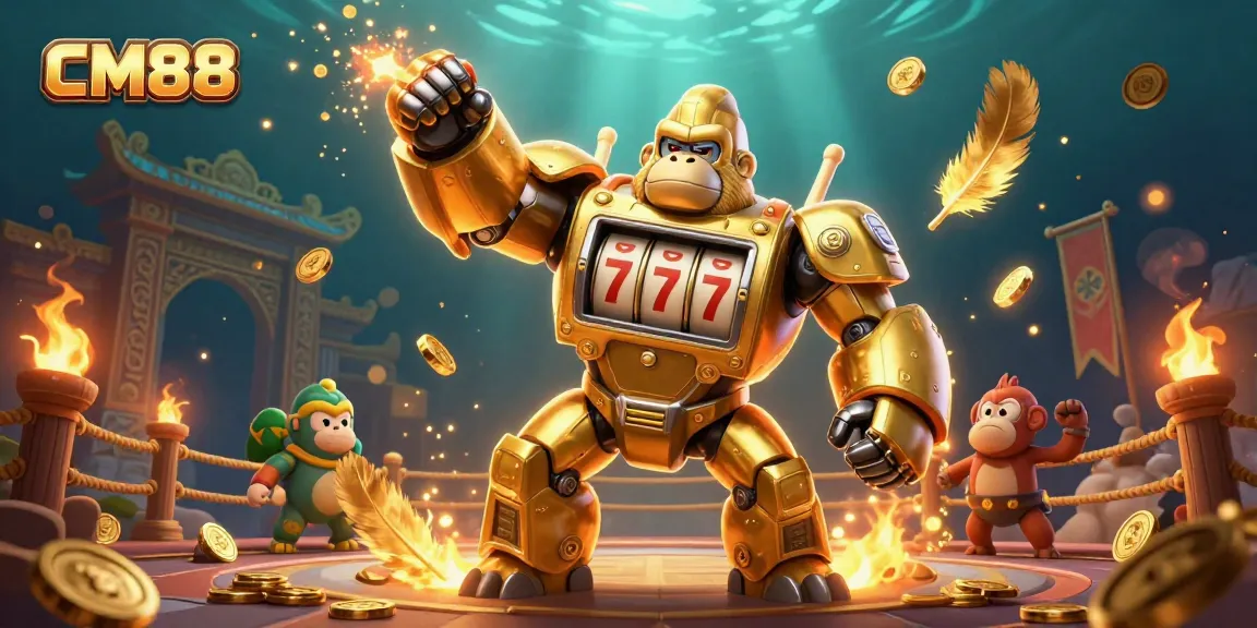 Experience thrilling gameplay at CM88 with a dynamic scene featuring a golden gorilla mech and casino elements.