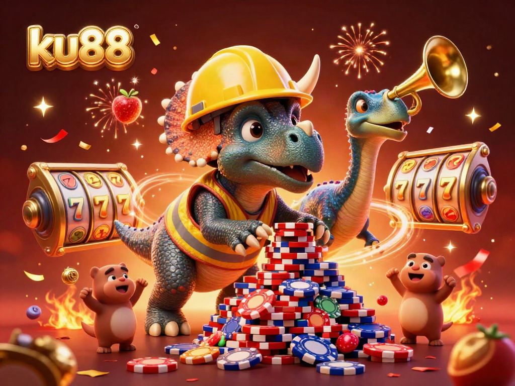 Engage with ku88's vibrant gaming scene featuring a dynamic 3D illustration of joyful casino action.