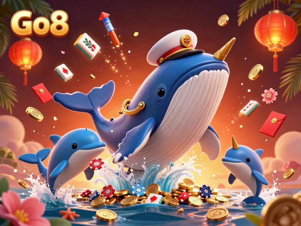 Engage with Go8 at an enchanting casino scene featuring a whale, narwhal, and dolphins with poker chips.