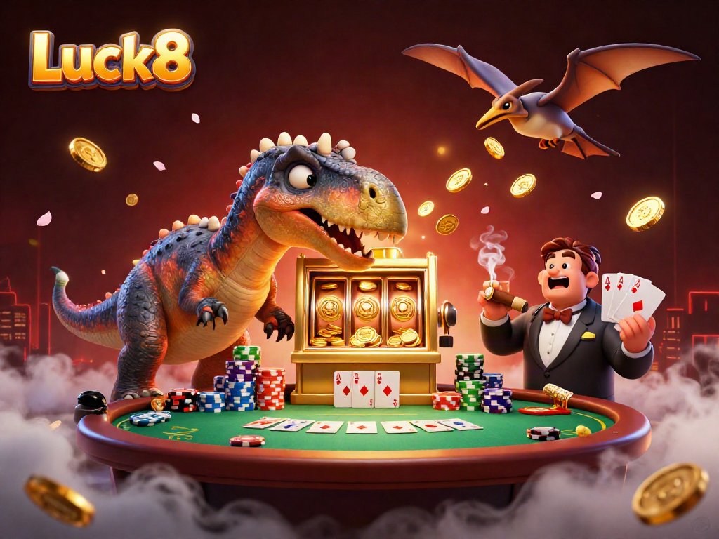 Luck8 casino scene with a dinosaur celebrating a jackpot, capturing the thrill of online gaming.