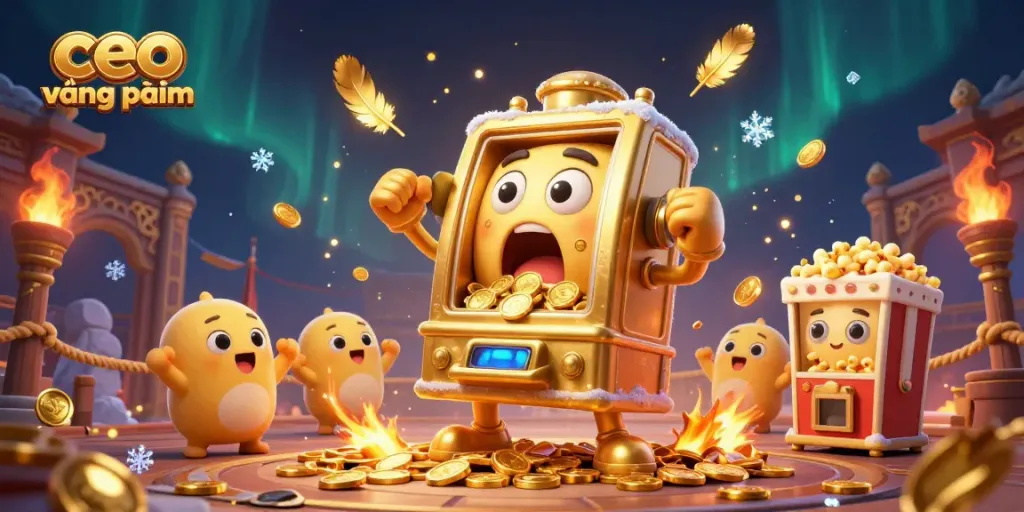 Engaging 3D illustration featuring ceo vương phạm alongside a golden slot machine winning, surrounded by festive game elements.
