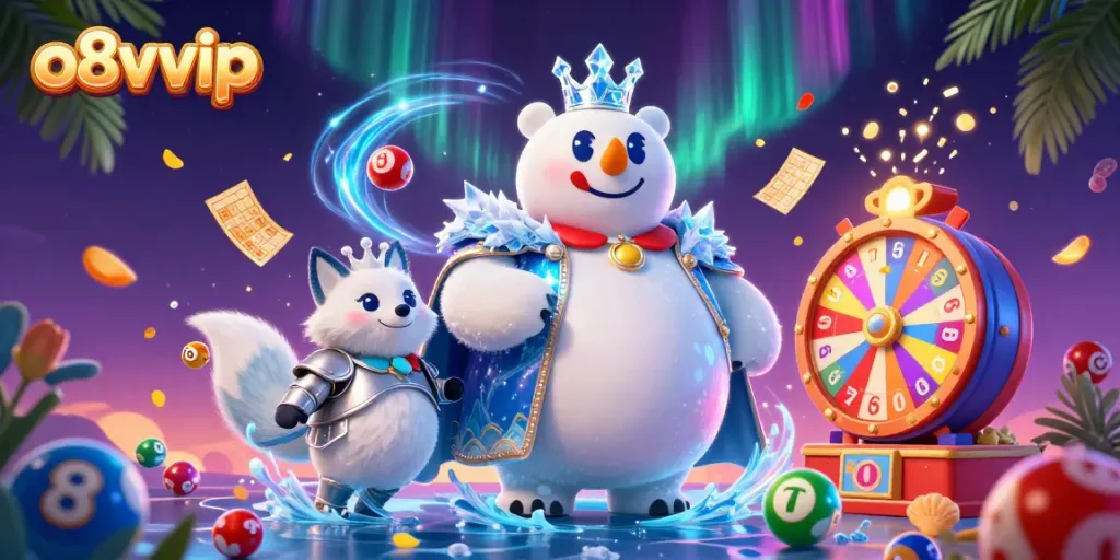 Engage with o8vvip as a cartoon ice king polar bear and snow fox celebrate with colorful lottery elements.