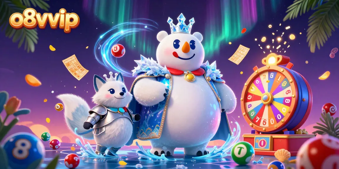 Engage with o8vvip as a cartoon ice king polar bear and snow fox celebrate with colorful lottery elements.