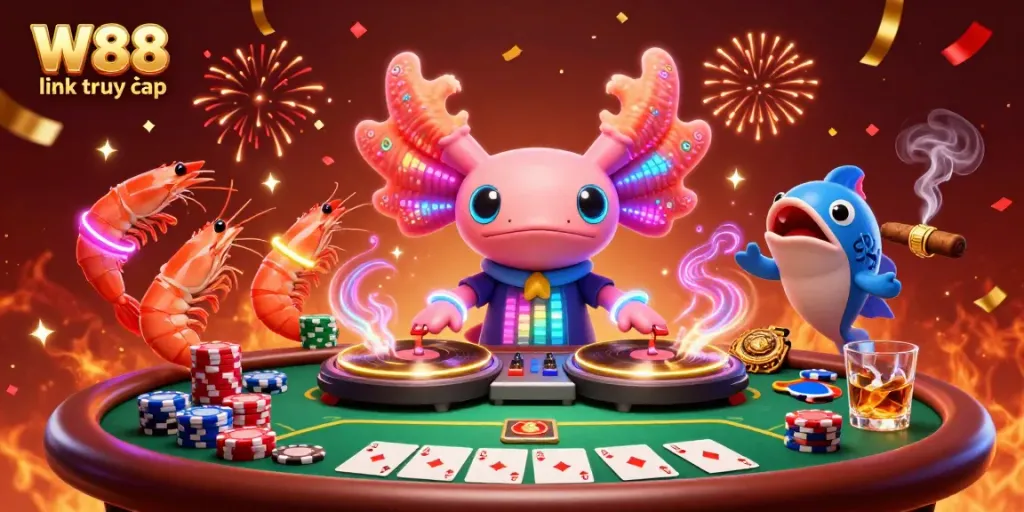 Engage with the exciting W88 link truy cập, featuring a neon axolotl DJ and dynamic poker scene.