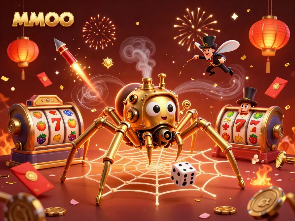 Experience the thrill of MMOO casino with a steampunk spider catching dice in a festive scene.