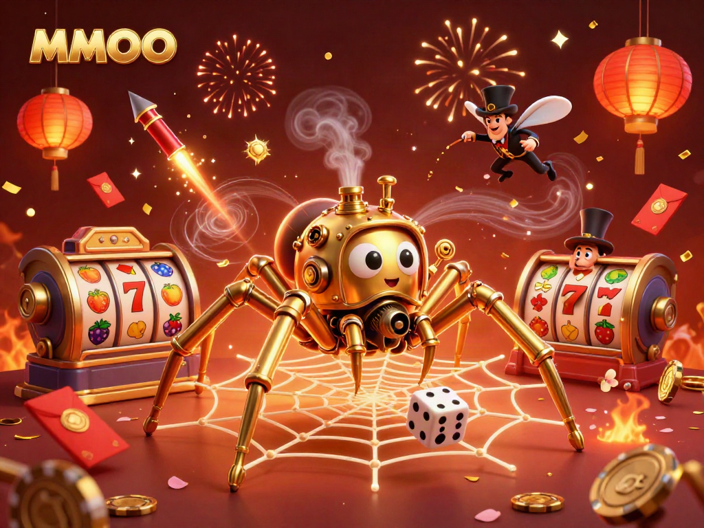 Experience the thrill of MMOO casino with a steampunk spider catching dice in a festive scene.