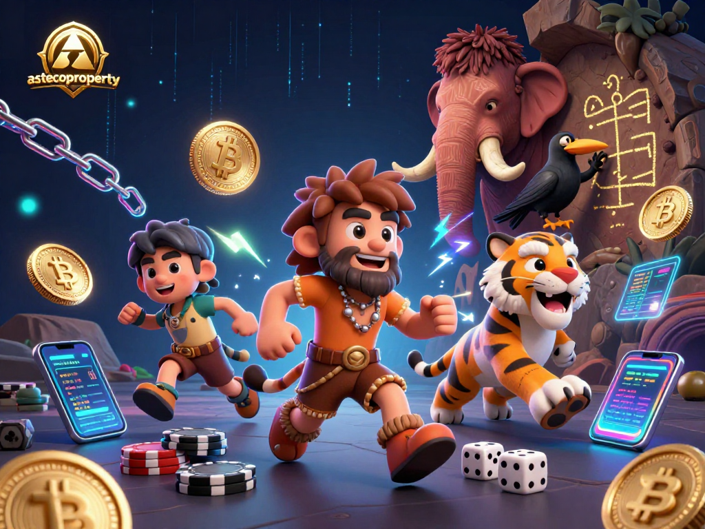 Experience ultimate fun with astecoproperty's thrilling prehistoric casino scene featuring engaging characters and glowing crypto elements.